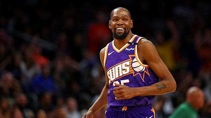 Mar 24, 2025; Phoenix, Arizona, USA; Phoenix Suns forward Kevin Durant (35) celebrates after a play during the fourth quarter against the Milwaukee Bucks at Footprint Center. Mandatory Credit: Mark J. Rebilas-Imagn Images