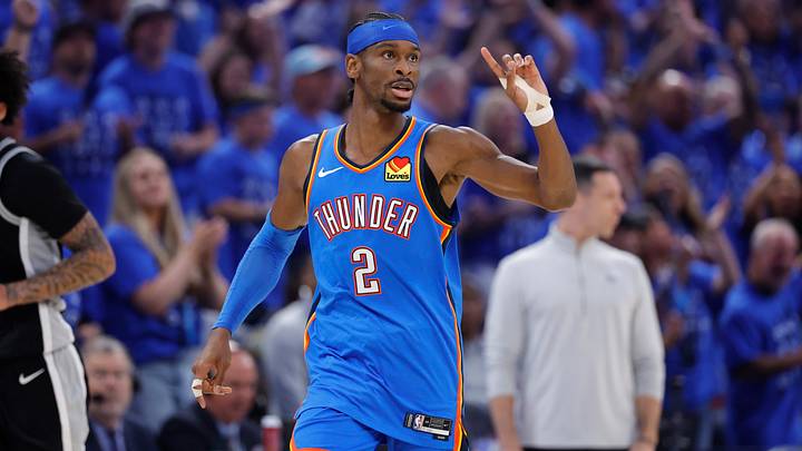May 30, 2026; Oklahoma City, Oklahoma, USA; Oklahoma City Thunder guard Shai Gilgeous-Alexander (2) reacts in the second quarter against the San Antonio Spurs during game seven of the western conference finals for the 2026 NBA playoffs at Paycom Center. May 30, 2026; Oklahoma City, Oklahoma, USA; Oklahoma City Thunder guard Shai Gilgeous-Alexander (2) reacts in the second quarter against the San Antonio Spurs during game seven of the western conference finals for the 2026 NBA playoffs at Paycom Center.