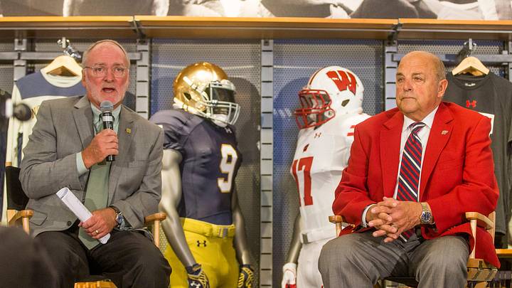 7/10/2020: Tribune Photo/ROBERT FRANKLINNotre Dame Athletic Director Jack Swarbrick and University of Wisconsin Athletic Director Barry Alvarez are shown on Aug. 14, 2017, inside the Under Armour store in Chicago during an announcement for a series of football games in 2020 and 2021 to be played at Lambeau Field and Soldier Field Notre Dame Athletic Director Jack Swarbrick and University of Wisconsin Athletic Director Barry Alvarez speak during an announcement for a series of football games in