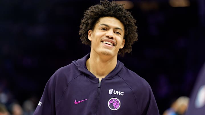 Feb 20, 2026; Minneapolis, Minnesota, USA; Minnesota Timberwolves forward Joan Beringer (19) warms up before a game against the Dallas Mavericks at Target Center.