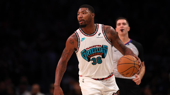 Nov 13, 2024; Los Angeles, California, USA;  Memphis Grizzlies guard Marcus Smart (36) dribbles the ball during the third quarter against the Los Angeles Lakers at Crypto.com Arena. Mandatory Credit: Kiyoshi Mio-Imagn Images