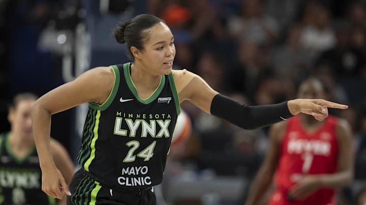 Minnesota Lynx forward Napheesa Collier (24) points to the bench after making a three point shot against the Indiana Fever in the second half at Target Center. Minnesota Lynx forward Napheesa Collier (24) points to the bench after making a three point shot against the Indiana Fever in the second half at Target Center.