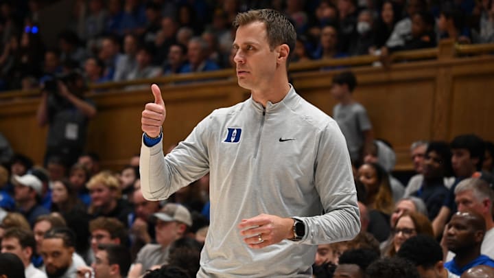 Nov 29, 2024; Durham, North Carolina, USA; Duke Blue Devils head coach Jon Scheyer gestures during the second half against the Seattle Redhawks at Cameron Indoor Stadium.