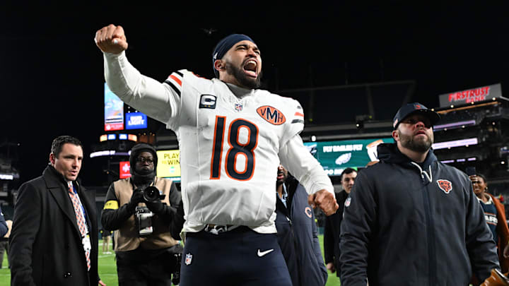 Nov 28, 2025; Philadelphia, Pennsylvania, USA; Chicago Bears quarterback Caleb Williams (18) celebrates after the game against the Philadelphia Eagles at Lincoln Financial Field. Mandatory Credit: Eric Hartline-Imagn Images Nov 28, 2025; Philadelphia, Pennsylvania, USA; Chicago Bears quarterback Caleb Williams (18) celebrates after the game against the Philadelphia Eagles at Lincoln Financial Field. Mandatory Credit: Eric Hartline-Imagn Images