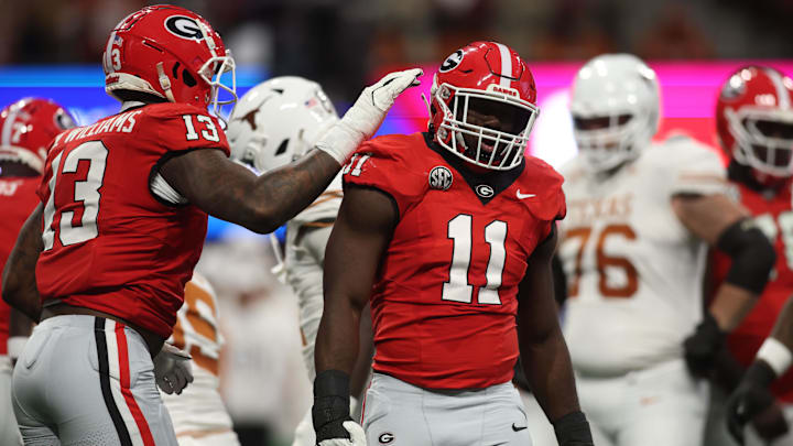 Dec 7, 2024; Atlanta, GA, USA; Georgia Bulldogs linebacker Jalon Walker (11) reacts against the Texas Longhorns during the first half in the 2024 SEC Championship game at Mercedes-Benz Stadium. Mandatory Credit: Brett Davis-Imagn Images