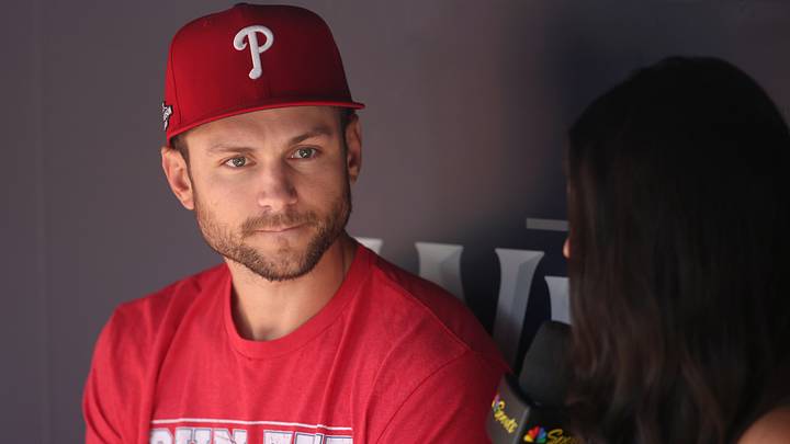Sep 30, 2026; Cumberland, Georgia, USA;  Philadelphia Phillies shortstop Trea Turner (7) is interviewed in the dugout prior to game two of the Wildcard round against the Atlanta Braves in the 2026 MLB Playoffs at Truist Park.  Mandatory Credit: Brett Davis-Imagn Images