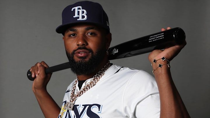 Feb 19, 2026; PortCharlotte, FL, USA; Tampa Bay Rays third baseman Junior Caminero (13) poses for a photo during media day.