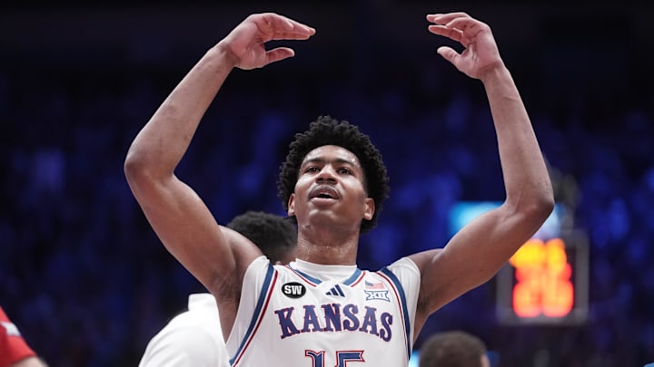 Kansas Jayhawks forward Bryson Tiller (15) hypes the crowd up in the final minute of play against Arizona Wildcats during the game inside Allen Fieldhouse on Feb. 9, 2026.