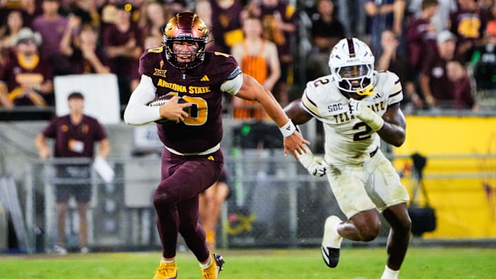 Sep 13, 2025; Tempe, Arizona, USA;  Arizona State Sun Devils quarterback Sam Leavitt (10) carries the ball during the game against Texas State Bobcats at Mountain America Stadium. Mandatory Credit: Arianna Grainey-Imagn Images