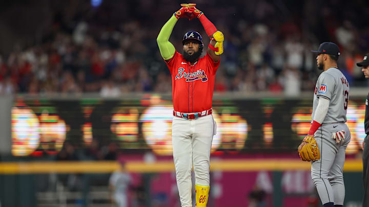 Apr 26, 2024; Atlanta, Georgia, USA; Atlanta Braves designated hitter Marcell Ozuna (20) celebrates
