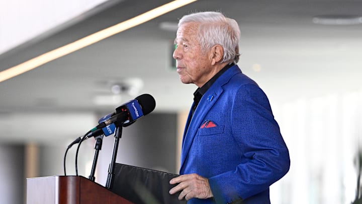Mar 13, 2025; Foxborough, MA, USA; New England Patriots owner Robert Kraft discusses the teamís recent free agent additions with the media at Gillette Stadium. Mandatory Credit: Eric Canha-Imagn Images Mar 13, 2025; Foxborough, MA, USA; New England Patriots owner Robert Kraft discusses the teamís recent free agent additions with the media at Gillette Stadium. Mandatory Credit: Eric Canha-Imagn Images