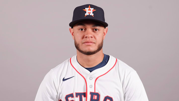 Feb 20, 2025; West Palm Beach, FL, USA; Houston Astros infielder Jesus Bastidas poses for a photo at the Houston Astros media day. Feb 20, 2025; West Palm Beach, FL, USA; Houston Astros infielder Jesus Bastidas poses for a photo at the Houston Astros media day.