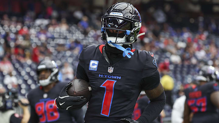 Oct 6, 2024; Houston, Texas, USA; Houston Texans wide receiver Stefon Diggs (1) warms up before the game against the Buffalo Bills at NRG Stadium.