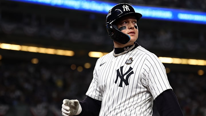 Oct 29, 2024; Bronx, New York, USA; New York Yankees outfielder Alex Verdugo (24) reacts after hitting a sacrifice RBI against the Los Angeles Dodgers in the second inning during game four of the 2024 MLB World Series at Yankee Stadium. Mandatory Credit: Vincent Carchietta-Imagn Images