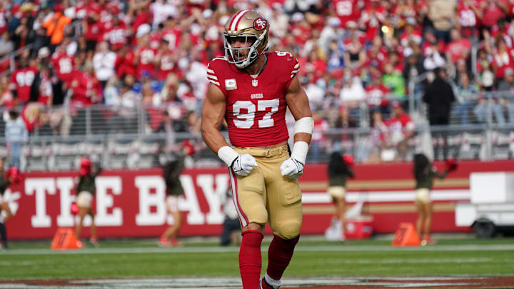 Nov 17, 2024; Santa Clara, California, USA; San Francisco 49ers defensive end Nick Bosa (97) celebrates after sacking Seattle Seahawks quarterback Geno Smith (7) in the first quarter at Levi's Stadium. Mandatory Credit: David Gonzales-Imagn Images Nov 17, 2024; Santa Clara, California, USA; San Francisco 49ers defensive end Nick Bosa (97) celebrates after sacking Seattle Seahawks quarterback Geno Smith (7) in the first quarter at Levi's Stadium. Mandatory Credit: David Gonzales-Imagn Images