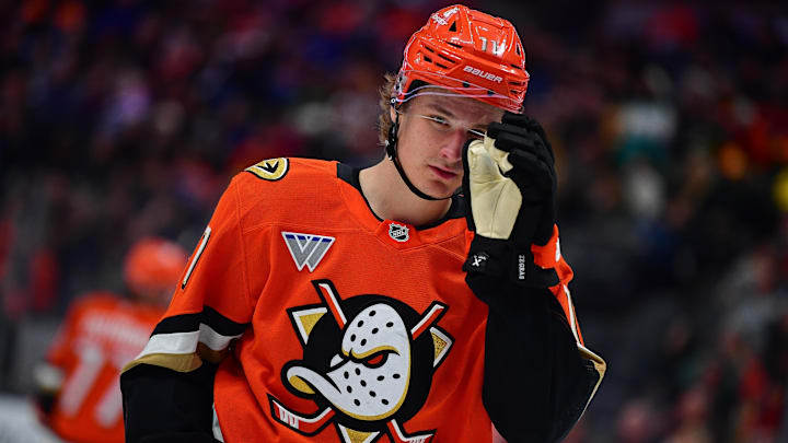 Apr 7, 2025; Anaheim, California, USA; Anaheim Ducks center Trevor Zegras (11) during the second period at Honda Center. Mandatory Credit: Gary A. Vasquez-Imagn Images