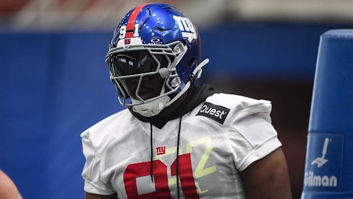 May 9, 2025; East Rutherford, NJ, USA; New York Giants defensive tackle Darius Alexander (91) participates in a drill during rookie minicamp at Quest Diagnostics Training Center. Mandatory Credit: John Jones-Imagn Images