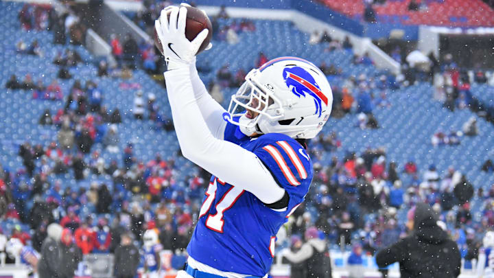Buffalo Bills cornerback Jordan Hancock (37) warms up before the game against the Cincinnati Bengals at Highmark Stadium.