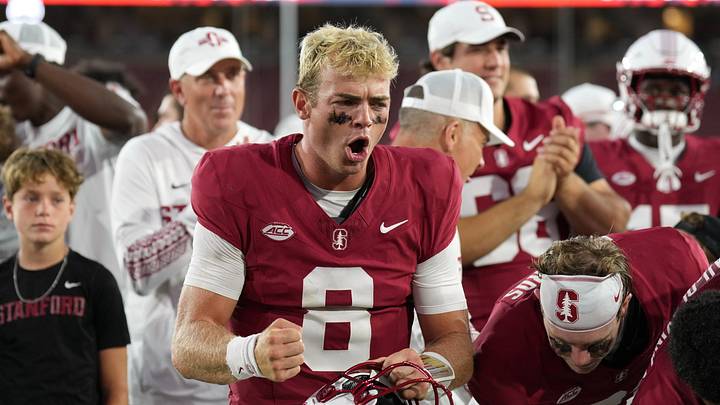 Aug 29, 2026; Stanford, California, USA; Stanford Cardinal quarterback Davis Warren (8) celebrates after defeating the Hawaii Rainbow Warriors at Stanford Stadium. Mandatory Credit: Darren Yamashita-Imagn Images