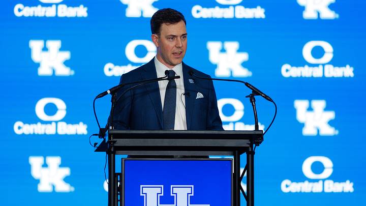 Dec 3, 2025; Lexington, KY, USA; Kentucky Wildcats head football coach Will Stein speaks during his introductory press conference at Nutter Field House. Mandatory Credit: Jordan Prather-Imagn Images