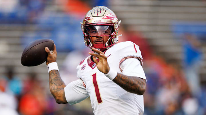 Nov 29, 2025; Gainesville, Florida, USA; Florida State Seminoles quarterback Tommy Castellanos (1) throws the ball before a game against the Florida Gators at Ben Hill Griffin Stadium. Mandatory Credit: Matt Pendleton-Imagn Images