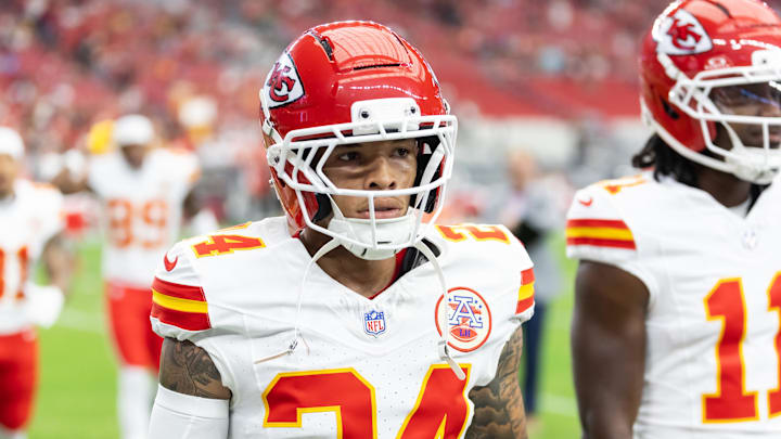 Aug 9, 2025; Glendale, Arizona, USA; Kansas City Chiefs wide receiver Skyy Moore (24) against the Arizona Cardinals during a preseason NFL game at State Farm Stadium. Mandatory Credit: Mark J. Rebilas-Imagn Images
