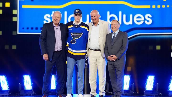Jun 28, 2024; Las Vegas, Nevada, USA; Adam Jiricek is selected by the St. Louis Blues with the 16th overall pick in the first round of the 2024 NHL Draft at The Sphere. Mandatory Credit: Stephen R. Sylvanie-Imagn Images Jun 28, 2024; Las Vegas, Nevada, USA; Adam Jiricek is selected by the St. Louis Blues with the 16th overall pick in the first round of the 2024 NHL Draft at The Sphere. Mandatory Credit: Stephen R. Sylvanie-Imagn Images