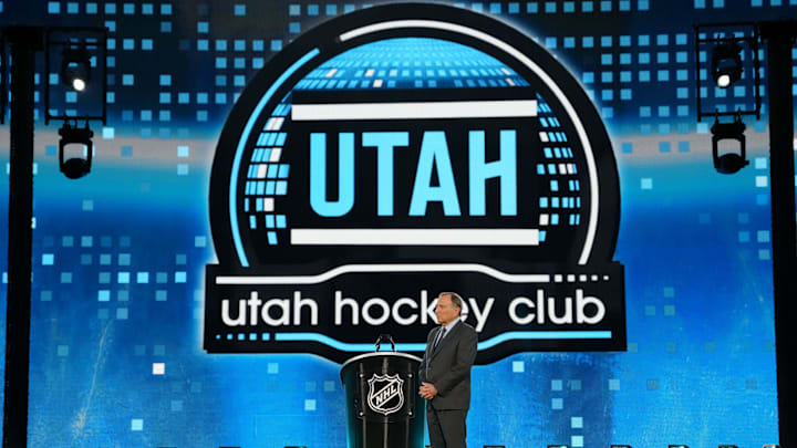Jun 28, 2024; Las Vegas, Nevada, USA; NHL Commissioner Gary Bettman looks on as Utah Hockey Club is on the clock during the first round of the 2024 NHL Draft at The Sphere. Mandatory Credit: Joe Camporeale-USA TODAY Sports