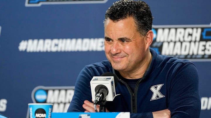 Xavier Musketeers head coach Sean Miller speaks in the post game press conference after the NCAA Tournament First Four game between the Xavier Musketeers and the Texas Longhorns at University of Dayton Arena in Dayton, Ohio, on Wednesday, March 19, 2025. Xavier advances with an 86-80 win over Texas, moving on to play Illinois in the first round.