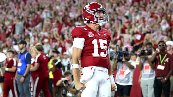 Sep 6, 2025; Tuscaloosa, Alabama, USA; Alabama Crimson Tide quarterback Ty Simpson (15) reacts after a short-lived touchdown that was called back during the second quarter against the Louisiana Monroe Warhawks at Saban Field at Bryant-Denny Stadium. Sep 6, 2025; Tuscaloosa, Alabama, USA; Alabama Crimson Tide quarterback Ty Simpson (15) reacts after a short-lived touchdown that was called back during the second quarter against the Louisiana Monroe Warhawks at Saban Field at Bryant-Denny Stadium.