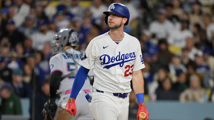 Apr 28, 2026; Los Angeles, California, USA; Los Angeles Dodgers right fielder Kyle Tucker (23) reacts to striking out against the Miami Marlins during the third inning at Dodger Stadium. Mandatory Credit: Jayne Kamin-Oncea-Imagn Images Apr 28, 2026; Los Angeles, California, USA; Los Angeles Dodgers right fielder Kyle Tucker (23) reacts to striking out against the Miami Marlins during the third inning at Dodger Stadium. Mandatory Credit: Jayne Kamin-Oncea-Imagn Images