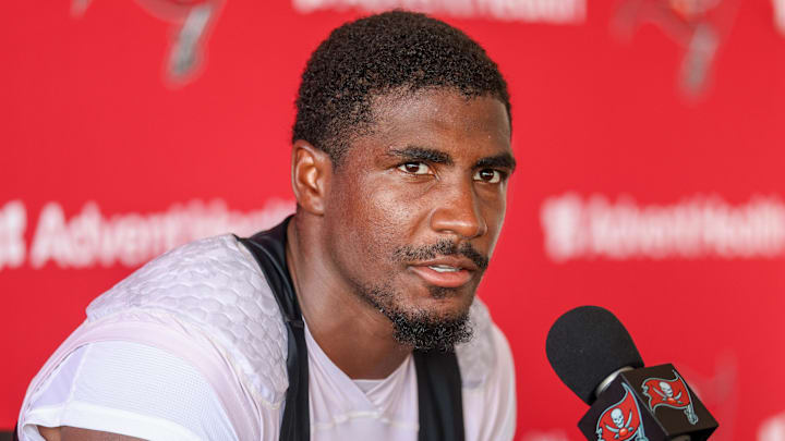 Jul 31, 2025; Tampa, FL, USA; Tampa Bay Buccaneers running back Rachaad White (1) talks to media after training camp at AdventHealth Training Center. Mandatory Credit: Nathan Ray Seebeck-Imagn Images