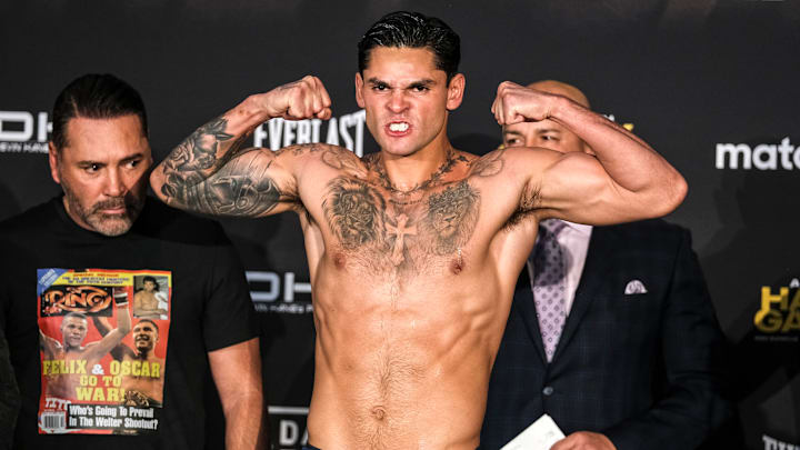 Ryan Garcia misses weight, weighing in at 143.2lbs for his bout with WBC super lightweight champion Devin Haney on April 18, 2024.