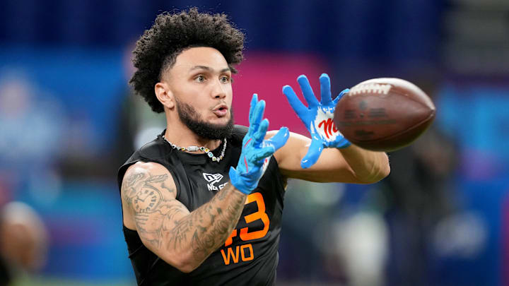 Mar 1, 2025; Indianapolis, IN, USA; Mississippi wideout Jordan Watkins (WO43) during the 2025 NFL Combine at Lucas Oil Stadium. Mandatory Credit: Kirby Lee-Imagn Images