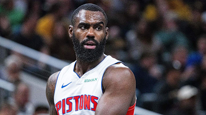 Nov 29, 2024; Indianapolis, Indiana, USA; Detroit Pistons forward Tim Hardaway Jr. (8)  in the first half against the Indiana Pacers at Gainbridge Fieldhouse. Mandatory Credit: Trevor Ruszkowski-Imagn Images