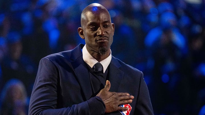 February 20, 2022; Cleveland, Ohio, USA; NBA great Kevin Garnett is honored for being selected to the NBA 75th Anniversary Team during halftime in the 2022 NBA All-Star Game at Rocket Mortgage FieldHouse. Mandatory Credit: Kyle Terada-Imagn Images February 20, 2022; Cleveland, Ohio, USA; NBA great Kevin Garnett is honored for being selected to the NBA 75th Anniversary Team during halftime in the 2022 NBA All-Star Game at Rocket Mortgage FieldHouse. Mandatory Credit: Kyle Terada-Imagn Images