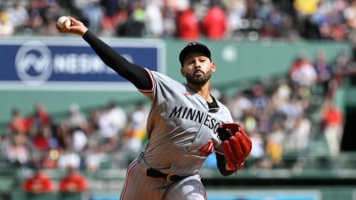Sep 22, 2024; Boston, Massachusetts, USA; Minnesota Twins starting pitcher Pablo Lopez (49) pitches during the first inning against the Boston Red Sox at Fenway Park