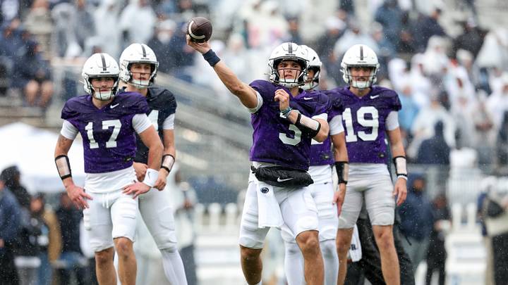 Penn State Nittany Lions quarterback Rocco Becht throws a pass during the Blue-White spring practice at Beaver Stadium. 