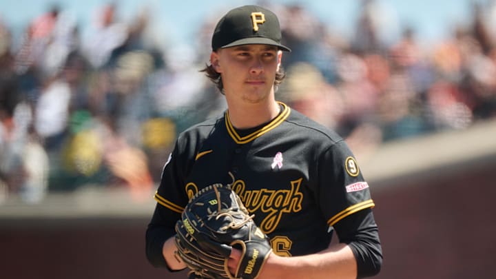 May 10, 2026; San Francisco, California, USA; Pittsburgh Pirates starting pitcher Bubba Chandler (36) looks on against the San Francisco Giants during the first inning at Oracle Park. Mandatory Credit: Robert Edwards-Imagn Images