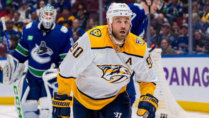 Apr 30, 2024; Vancouver, British Columbia, CAN; Nashville Predators forward Ryan O'Reilly (90) in a stop in play against the Vancouver Canucks during the second period in game five of the first round of the 2024 Stanley Cup Playoffs at Rogers Arena. Mandatory Credit: Bob Frid-USA TODAY Sports