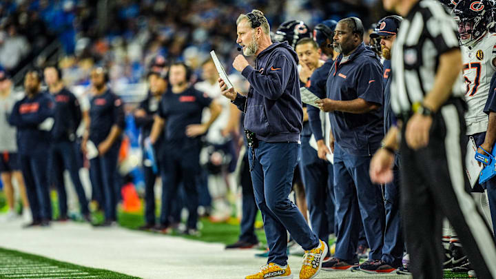 Chicago Bears head coach Matt Eberflus calls plays from the sidelines against the Detroit Lions on Thanksgiving Day at Ford Field in Detroit on Thursday, Nov. 28, 2024.