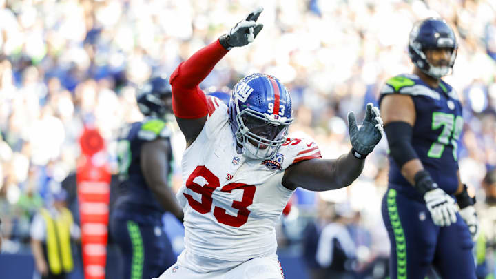 Oct 6, 2024; Seattle, Washington, USA; New York Giants defensive tackle Rakeem Nunez-Roches (93) celebrates following a sack against the Seattle Seahawks during the fourth quarter at Lumen Field.  