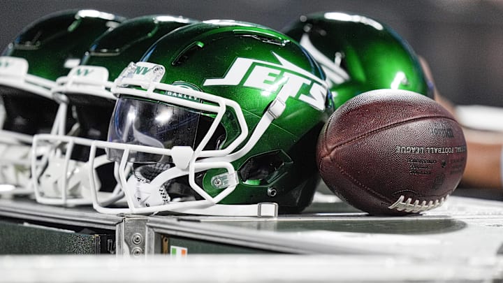 Aug 17, 2024; Charlotte, North Carolina, USA;  New York Jets helmets during the second half against the Carolina Panthers at Bank of America Stadium. Mandatory Credit: Jim Dedmon-Imagn Images