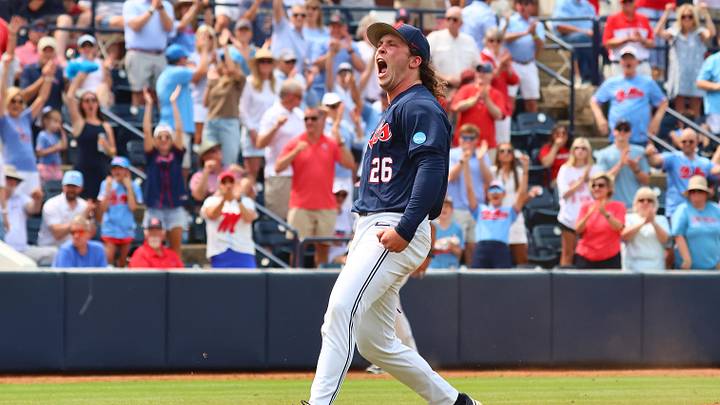 Mississippi Rebels starting pitcher Hunter Elliott reacts after a strike out to end the sixth inning against the Western Kentucky Hilltoppers. Mississippi Rebels starting pitcher Hunter Elliott reacts after a strike out to end the sixth inning against the Western Kentucky Hilltoppers.