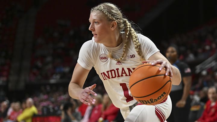 Indiana Hoosiers guard Lexus Bargesser (1) makes move to the basket on during the first half against the Maryland Terrapins  at Xfinity Center. 