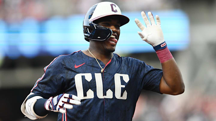Aug 3, 2024; Cleveland, Ohio, USA; Cleveland Guardians center fielder Angel Martinez (1) rounds the bases after hitting a home run during the third inning against the Baltimore Orioles at Progressive Field. Mandatory Credit: Ken Blaze-Imagn Images Aug 3, 2024; Cleveland, Ohio, USA; Cleveland Guardians center fielder Angel Martinez (1) rounds the bases after hitting a home run during the third inning against the Baltimore Orioles at Progressive Field. Mandatory Credit: Ken Blaze-Imagn Images
