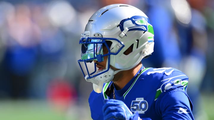 Seattle Seahawks wide receiver Jaxon Smith-Njigba (11) wearing the Seahawks throw back helmet prior to a game against the Tampa Bay Buccaneers at Lumen Field. Seattle Seahawks wide receiver Jaxon Smith-Njigba (11) wearing the Seahawks throw back helmet prior to a game against the Tampa Bay Buccaneers at Lumen Field.