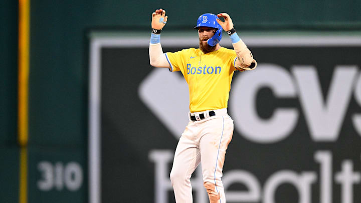 Sep 28, 2024; Boston, Massachusetts, USA; Boston Red Sox shortstop Trevor Story (10) reacts after hitting a double against the Tampa Bay Rays during the eighth inning at Fenway Park. Mandatory Credit: Brian Fluharty-Imagn Images Sep 28, 2024; Boston, Massachusetts, USA; Boston Red Sox shortstop Trevor Story (10) reacts after hitting a double against the Tampa Bay Rays during the eighth inning at Fenway Park. Mandatory Credit: Brian Fluharty-Imagn Images