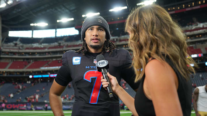 Oct 26, 2025; Houston, Texas, USA; Houston Texans quarterback C.J. Stroud (7) is interviewed following a game against the San Francisco 49ers at NRG Stadium. Mandatory Credit: Sean Thomas-Imagn Images Oct 26, 2025; Houston, Texas, USA; Houston Texans quarterback C.J. Stroud (7) is interviewed following a game against the San Francisco 49ers at NRG Stadium. Mandatory Credit: Sean Thomas-Imagn Images