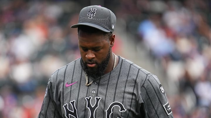Aug 17, 2024; New York City, New York, USA; New York Mets pitcher Luis Severino (40) walks to the dugout during the game against the Miami Marlins at Citi Field. Mandatory Credit: Lucas Boland-Imagn Images